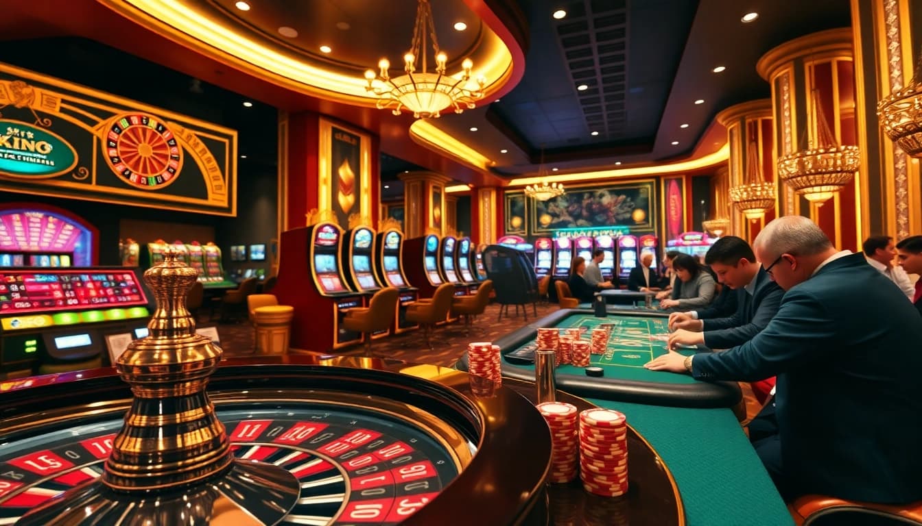 K9K9 casino showcases vibrant poker tables and exciting slot machines in a luxurious setting.