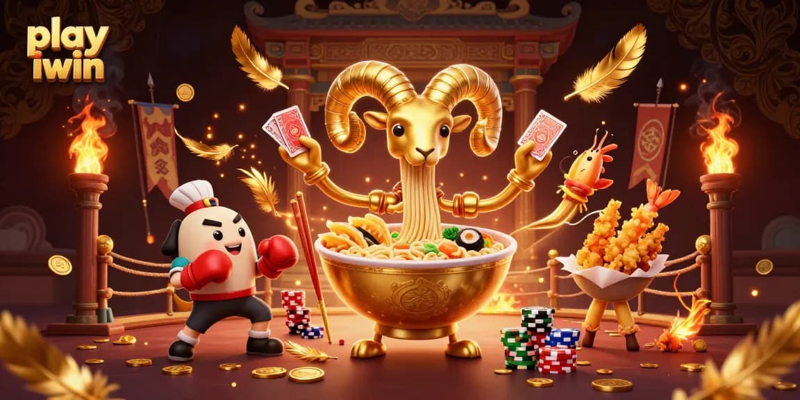 Play iwin with a vibrant 3D illustration showcasing a golden ramen bowl dealer in a rich casino environment.
