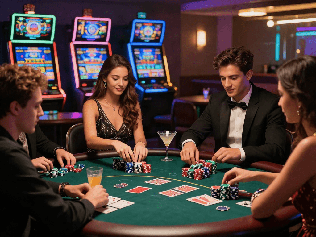 Luxury12 menawarkan pengalaman kasino modern yang mewah dengan teman-teman menikmati permainan kartu dan minuman di meja poker.