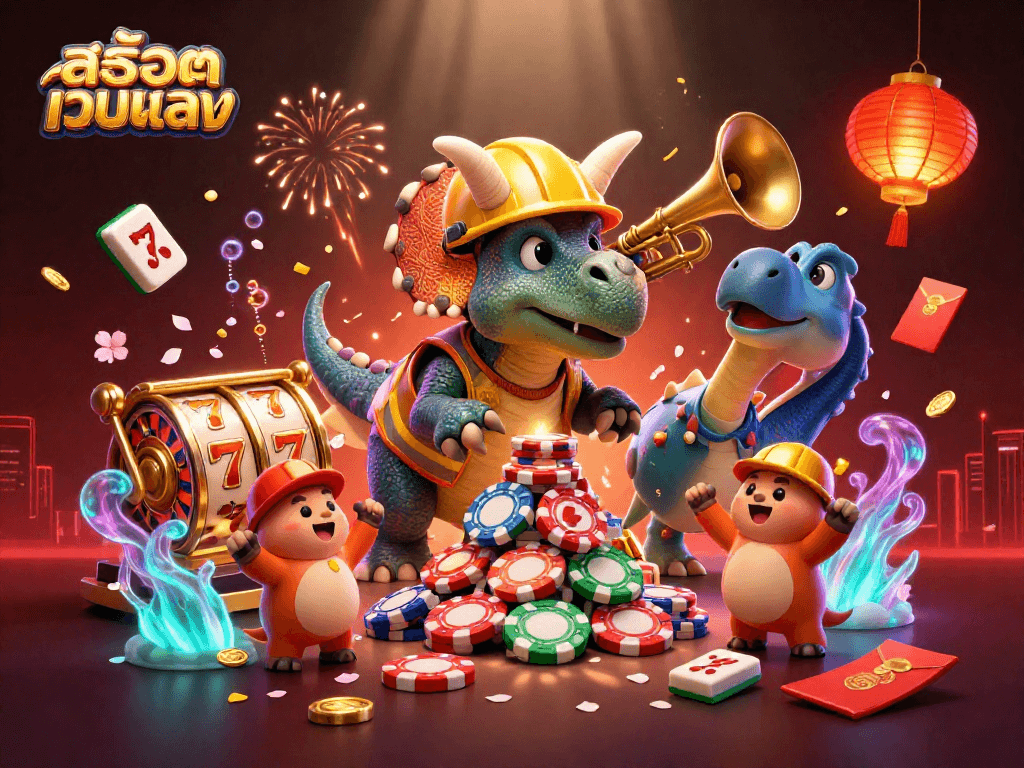 Experience the excitement of สล็อตเว็บตรง with a dynamic scene of a triceratops and parasaurolophus celebrating casino wins.