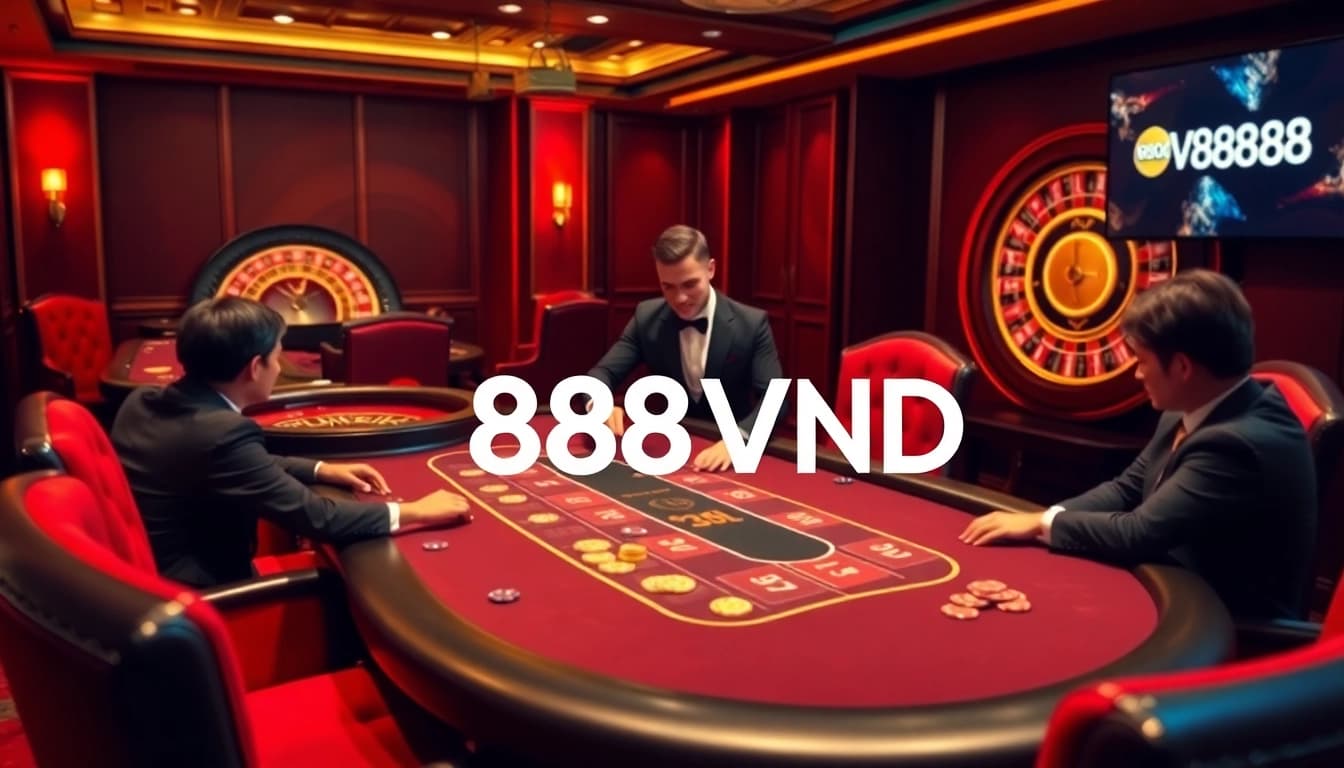 Exciting gameplay at 888VND online casino with poker table and spinning roulette.