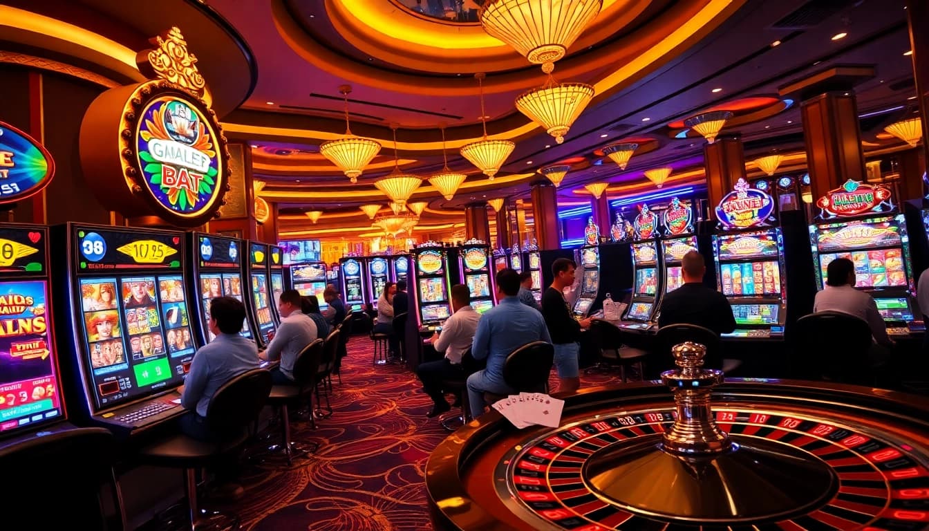 Players enjoy the Oxplay slot games in a vibrant casino environment filled with excitement.