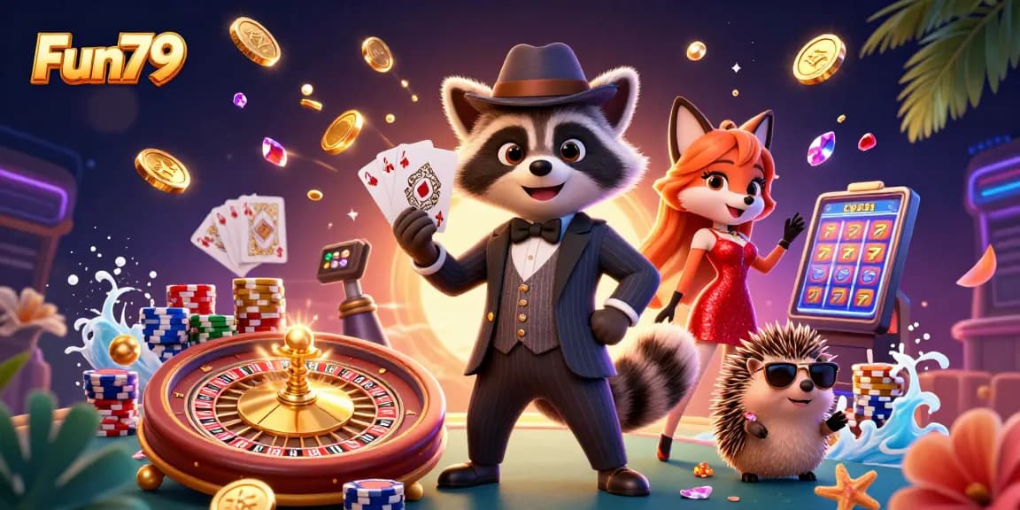 Experience Fun79's exciting games with a suave raccoon, a glamorous fox, and a hedgehog bouncer!