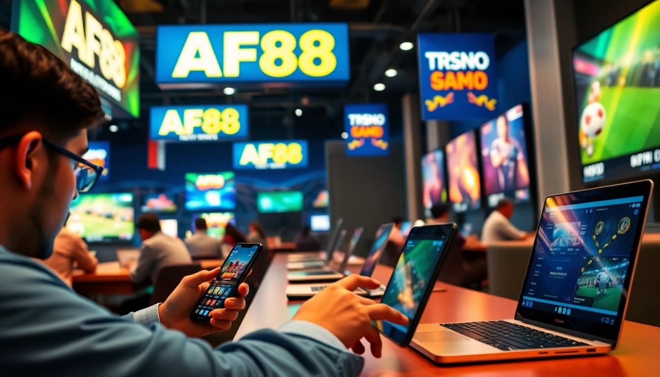 Engaging scene of users betting on AF88 online gaming platform showcasing excitement and trust.