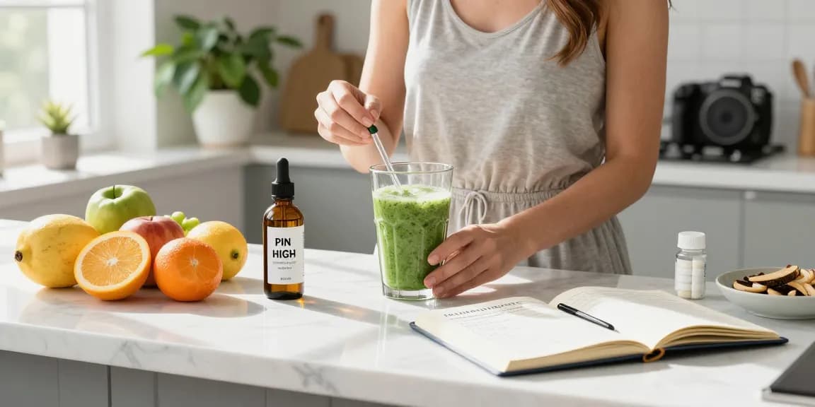 Natural wellness kitchen scene featuring Pin High hemp oil, fresh ingredients, and a healthy smoothie.