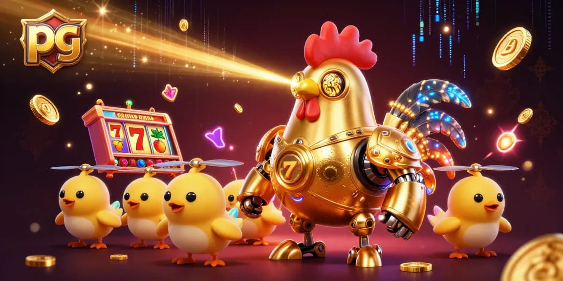 Engage with pg slot machines featuring a golden rooster robot, vibrant reels, and casino elements.