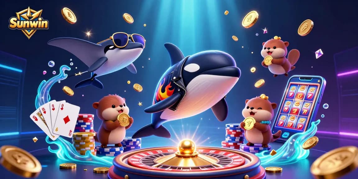 Experience exciting wins at Sunwin with a vibrant 3D casino illustration featuring playful characters.