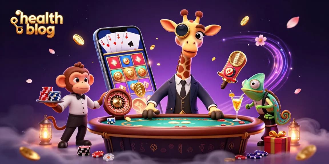 Engage with this vibrant health blog scene featuring a high-roller giraffe at a VIP poker table.