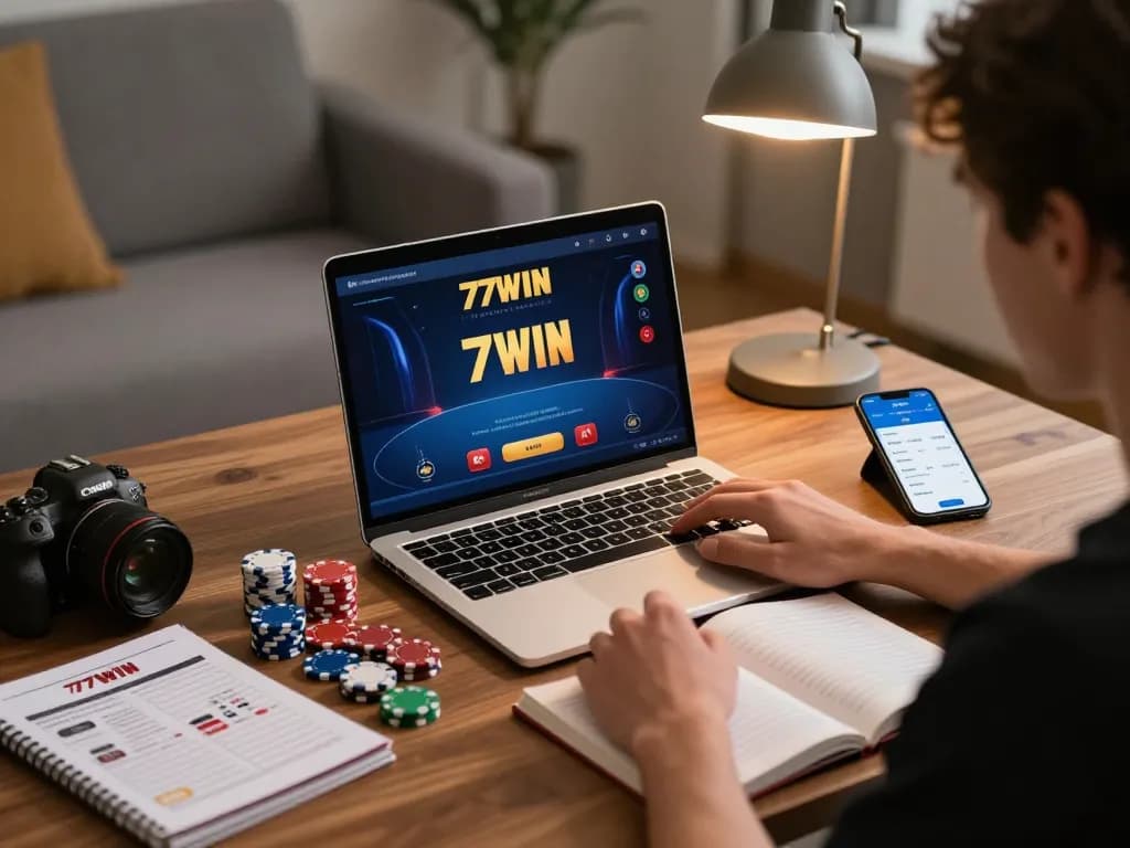 Engaging with the 77WIN poker interface at home, highlighting responsible gaming and strategy elements.