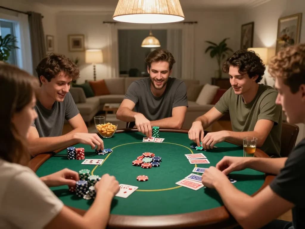 Friends enjoying a friendly poker game at home, highlighting Go8 gaming strategies.