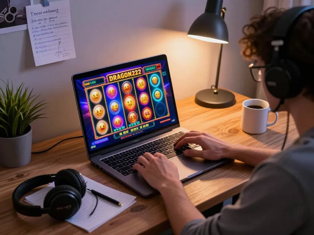 DRAGON222 player engaged in exciting online slots gameplay, focusing on vibrant game interface and strategic notes.