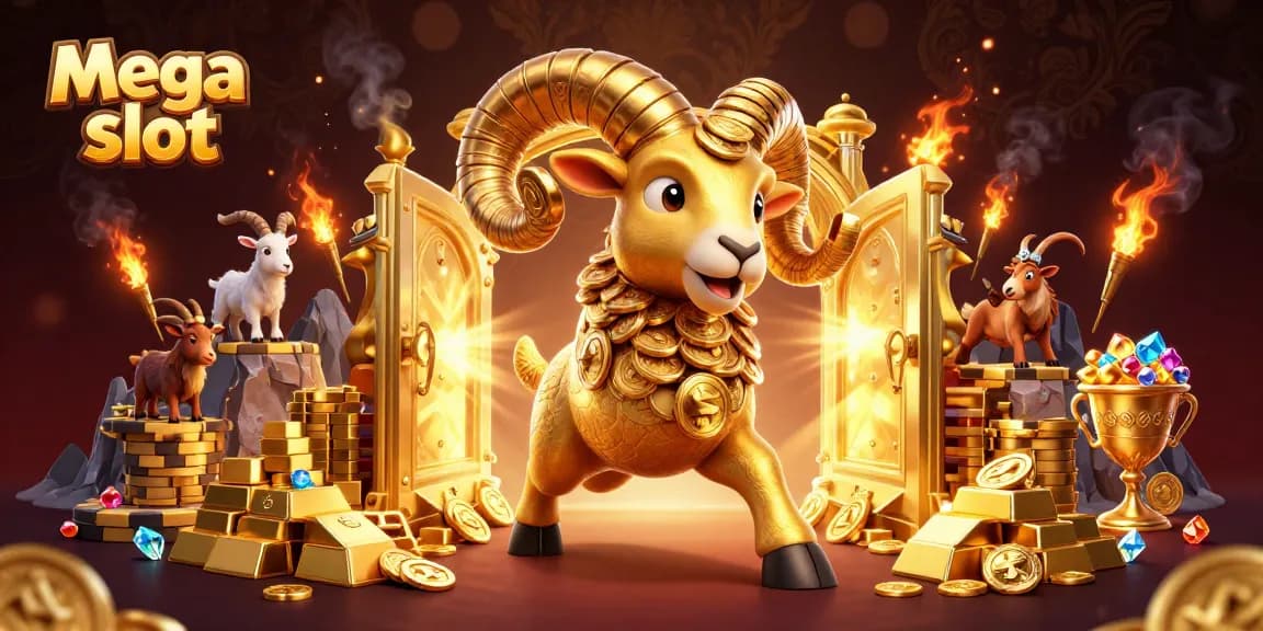 Menangkan slot mega dengan gambar 3D unik dari domba emas berlari menuju gerbang emas penuh harta.