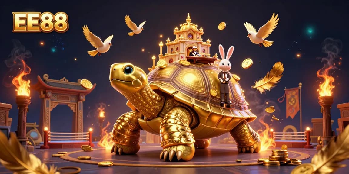 Join the exciting EE88 casino experience with the golden tortoise and rabbit dealer amidst flying coins!