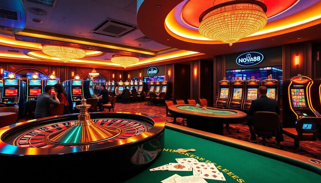 A lively nova88 casino scene with players enjoying roulette and poker, showcasing vibrant gaming elements.