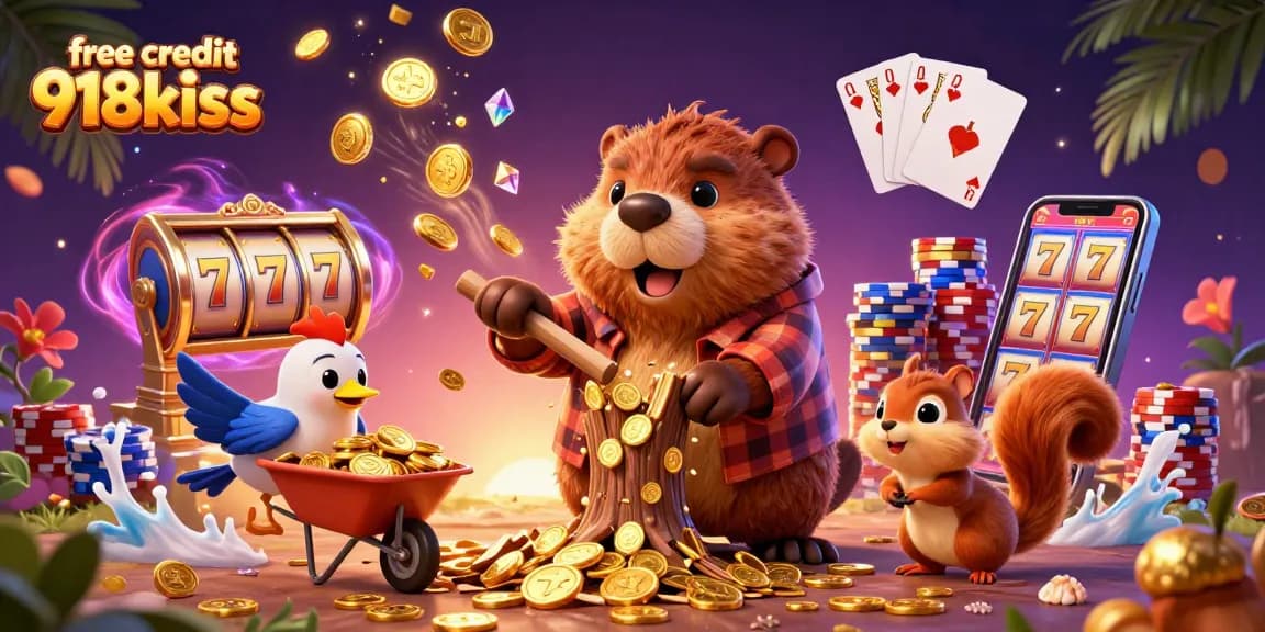 Engage with free credit 918kiss while a beaver collects golden coins in a fun casino scene.