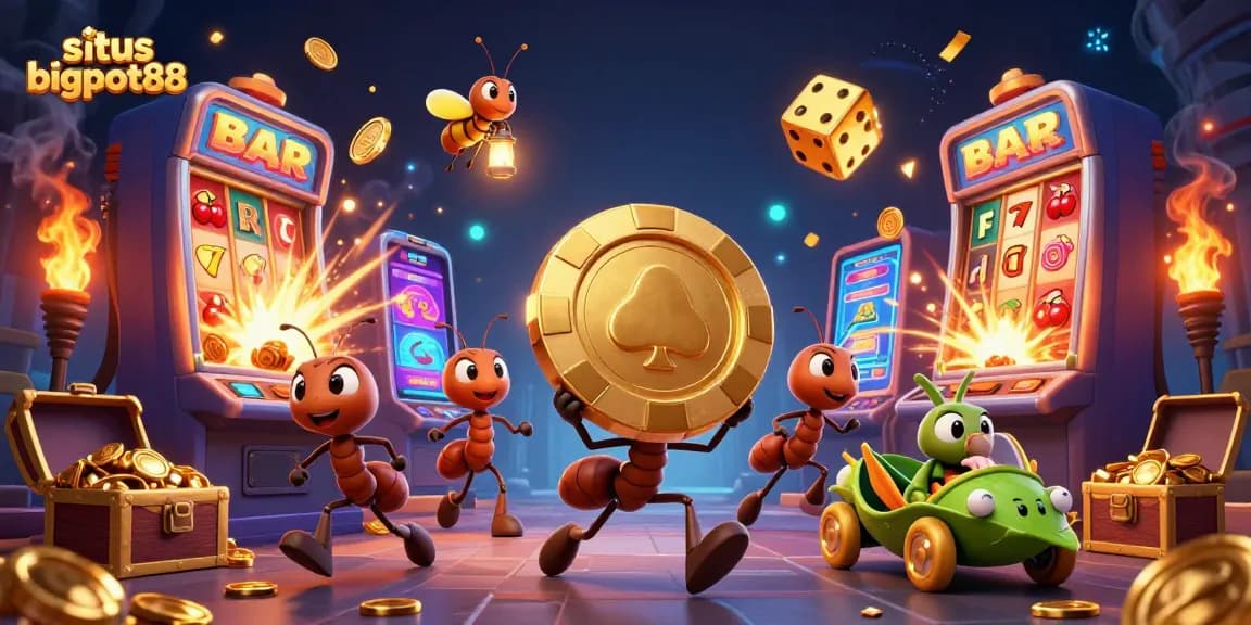 situs bigpot88 showcases a team of ants on an exciting casino heist, unveiling a jackpot