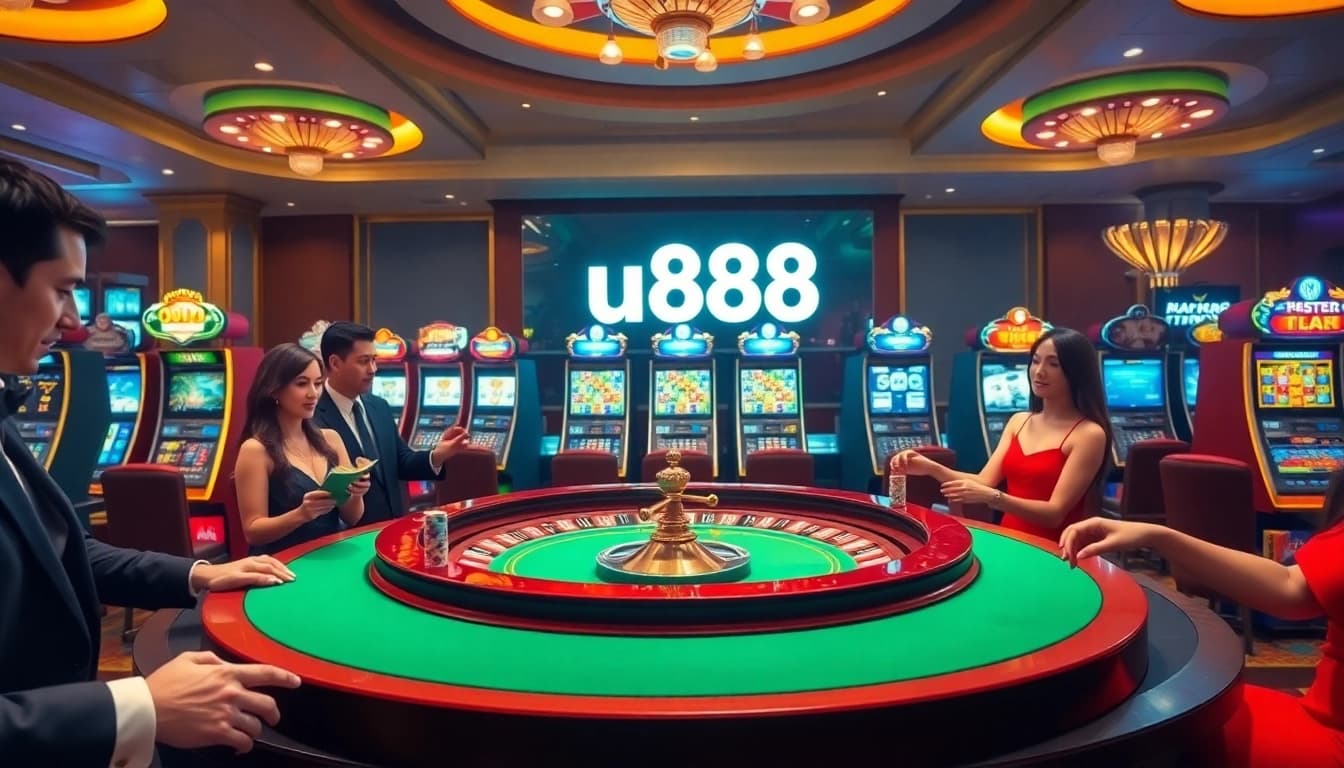 Experience the excitement of u888 with players at a vibrant casino roulette table.