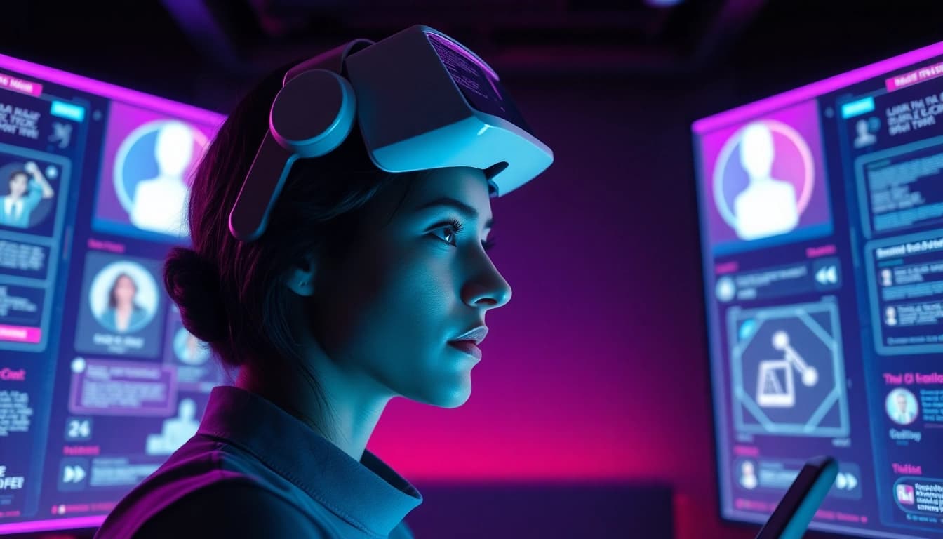 Engaging in ai sex chat with a futuristic AI chatbot in a modern, intimate setting.