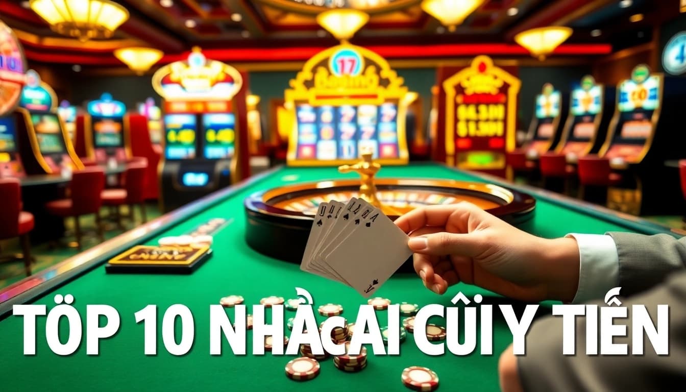 Exciting scene of gambling showcasing Top 10 Nhà Cái Uy Tín with vibrant casino tables and poker action.