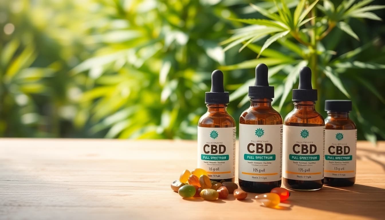 Showcase of full spectrum CBD products with vibrant colors and natural ambiance.