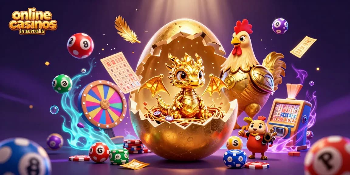 Experience the thrill of online casinos in Australia with a vibrant cartoon scene of games and rewards.