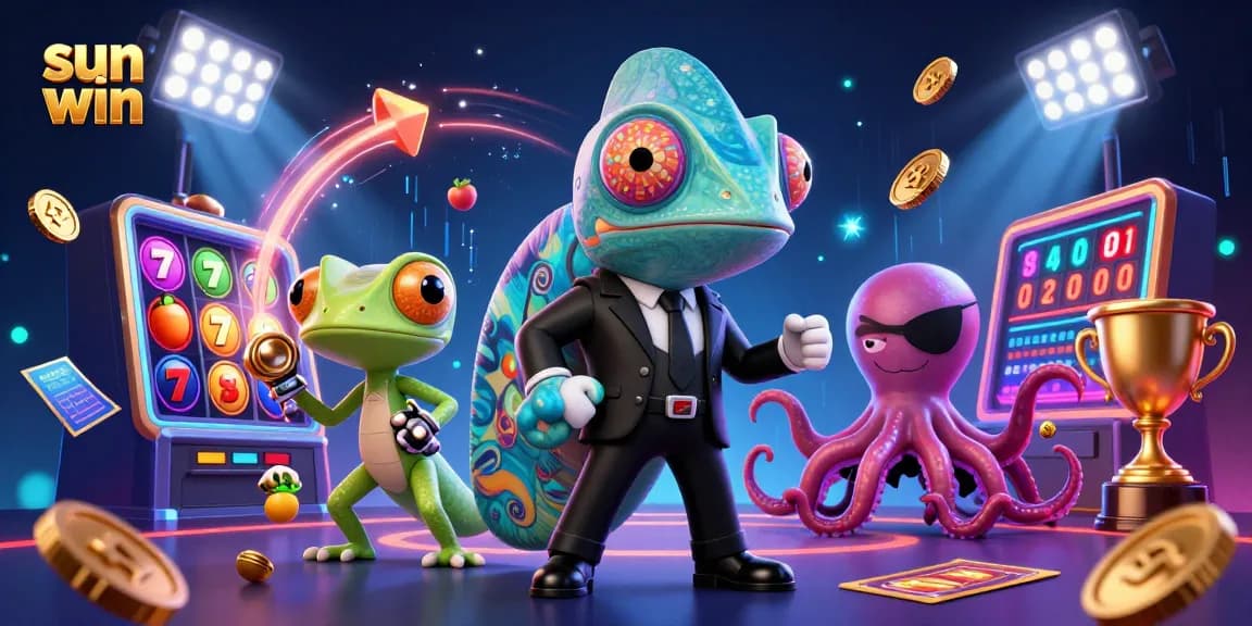 Spin and win at sun win with colorful slot reels and dynamic casino characters in action.