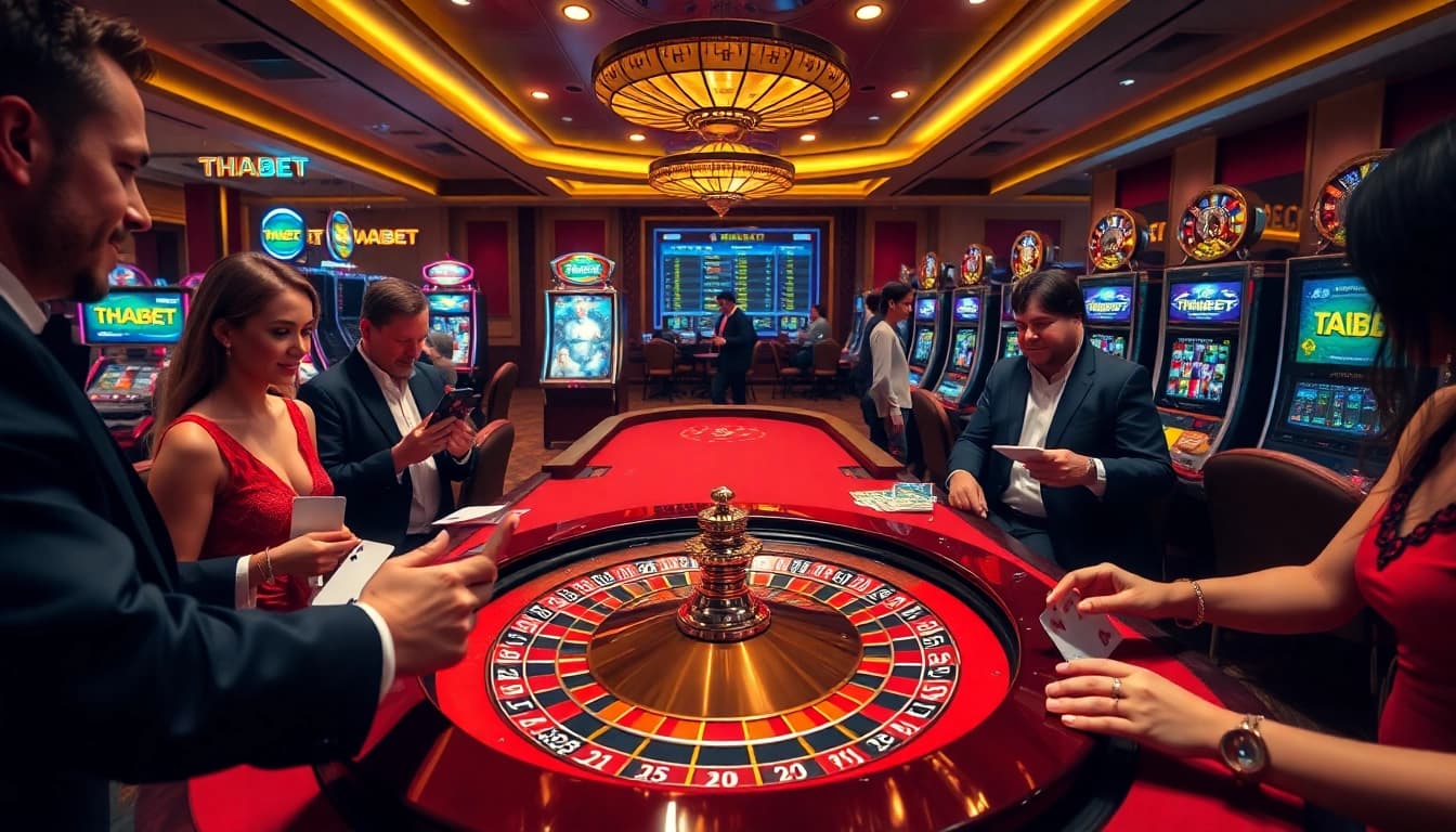 Engage in thrilling casino action at THABET with poker chips and a roulette wheel.