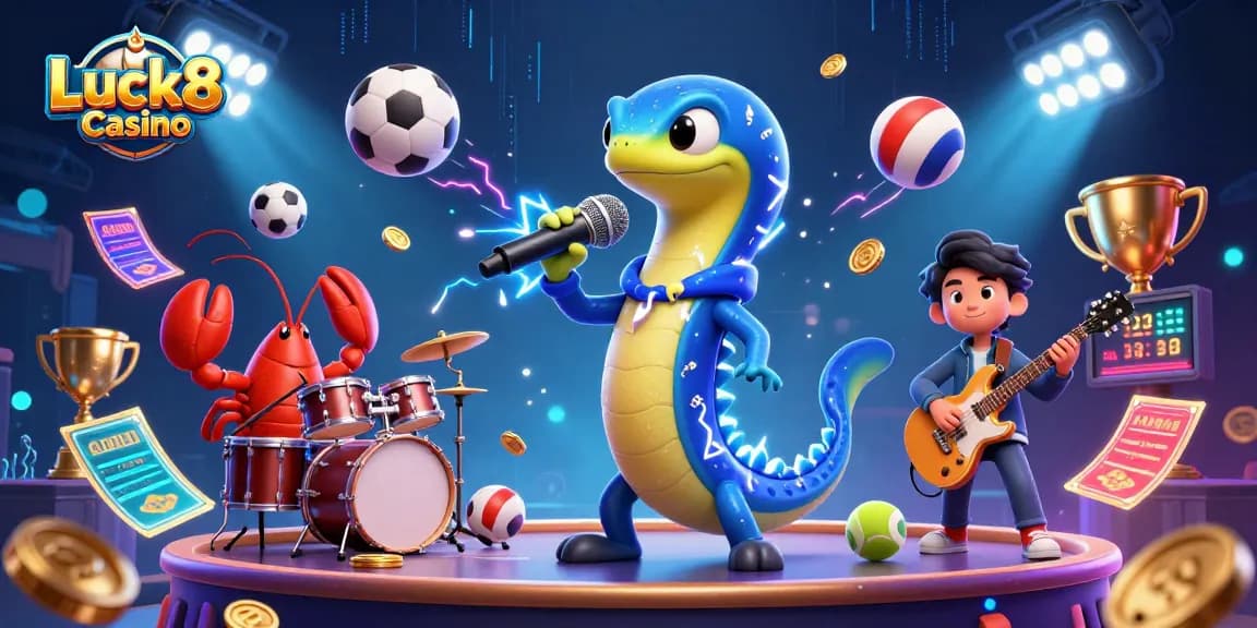 Luck8 Casino showcases an electric eel DJ with vibrant sports elements and underwater magic.