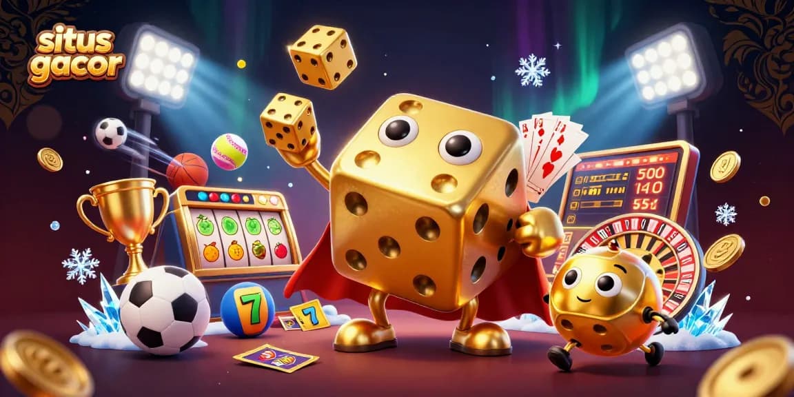 Experience situs slot gacor with a vibrant 3D casino scene featuring dice, slot reels, and dynamic sports elements.
