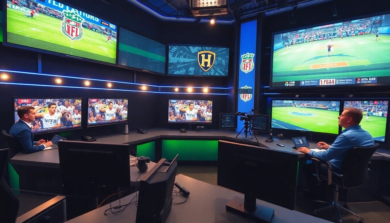 Engaging scene of sports broadcasting with commentators discussing live sports events on multiple monitors.