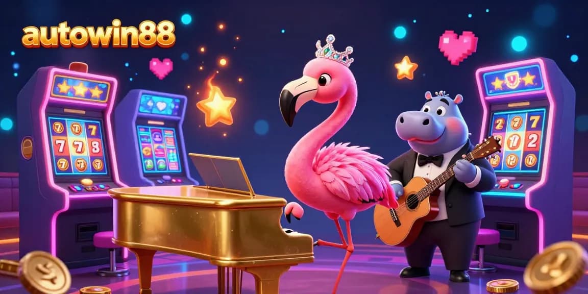 Join the fun at autowin88 with a vibrant 3D casino scene featuring slot machines and lively characters.