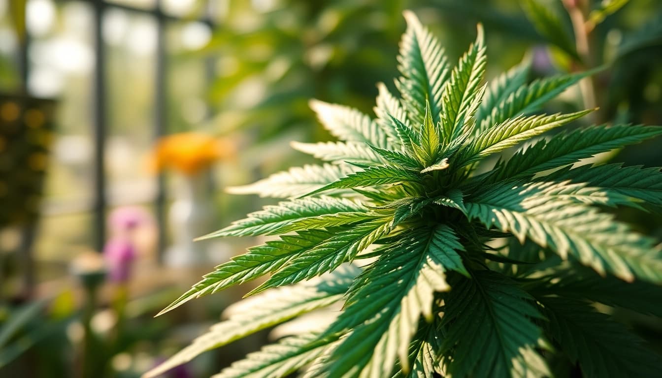 Buy weed with eye-catching cannabis plant showcasing lush green leaves and glistening buds.