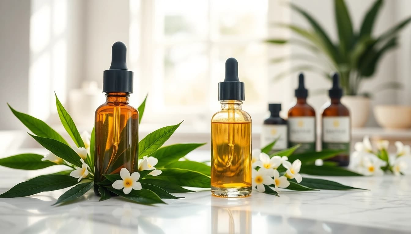 Using CBD oil for skin showcased with elegant skincare products and natural elements.