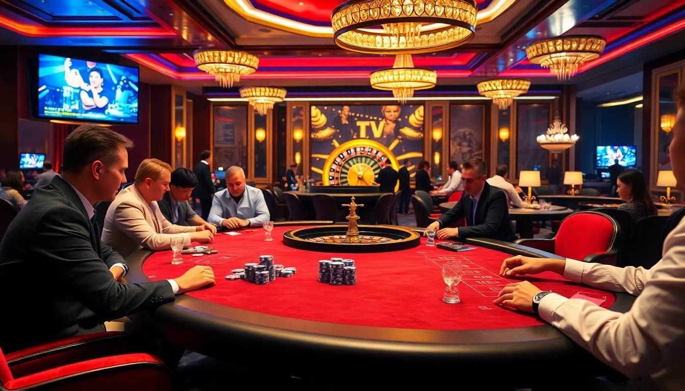 Excited gamblers engaged in poker at a luxury casino while watching lương sơn tv broadcasts on screens.
