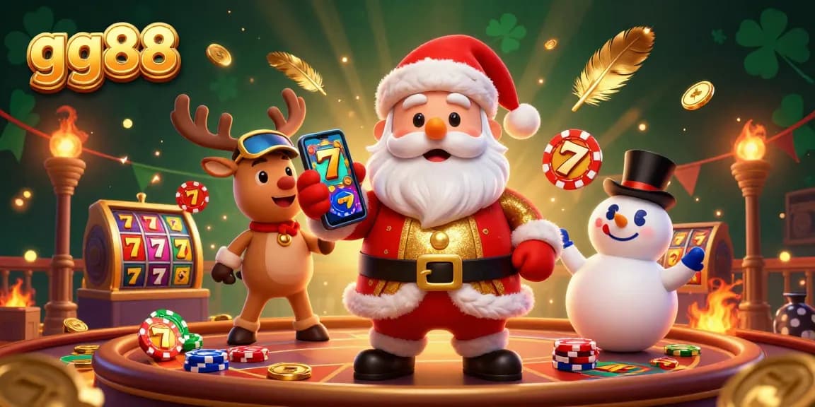 Win big with gg88 in this vibrant 3D casino scene featuring Santa and friends!