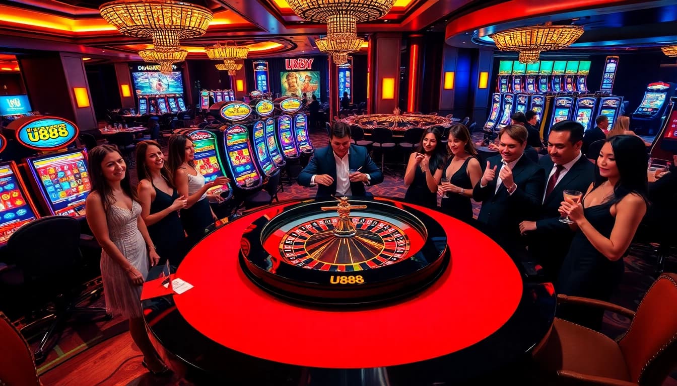 Players revel in excitement at the U888 casino, where a vibrant roulette table enhances the gambling experience.