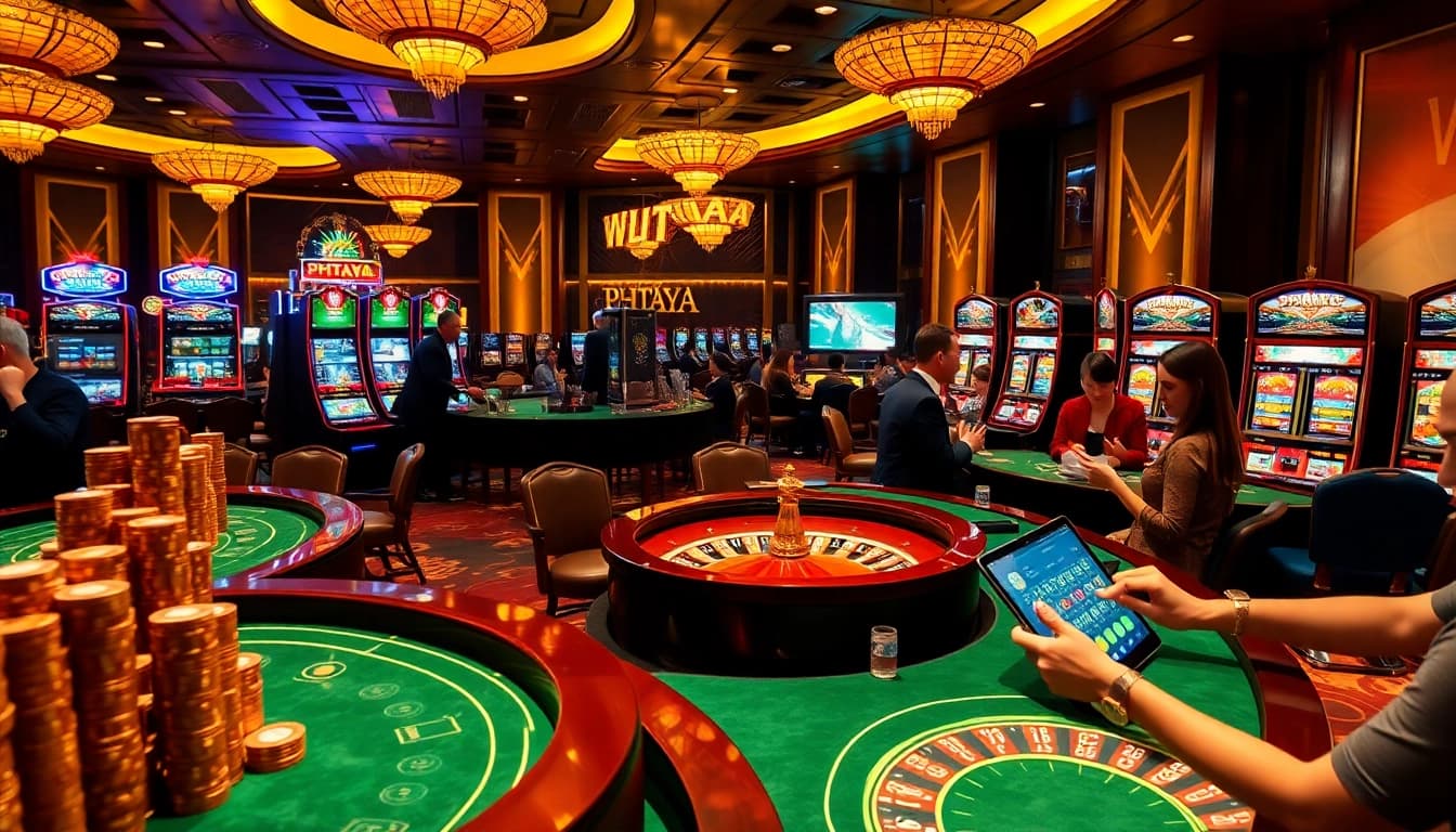PHTAYA players enjoying an exciting casino experience with vibrant slot machines and poker games.
