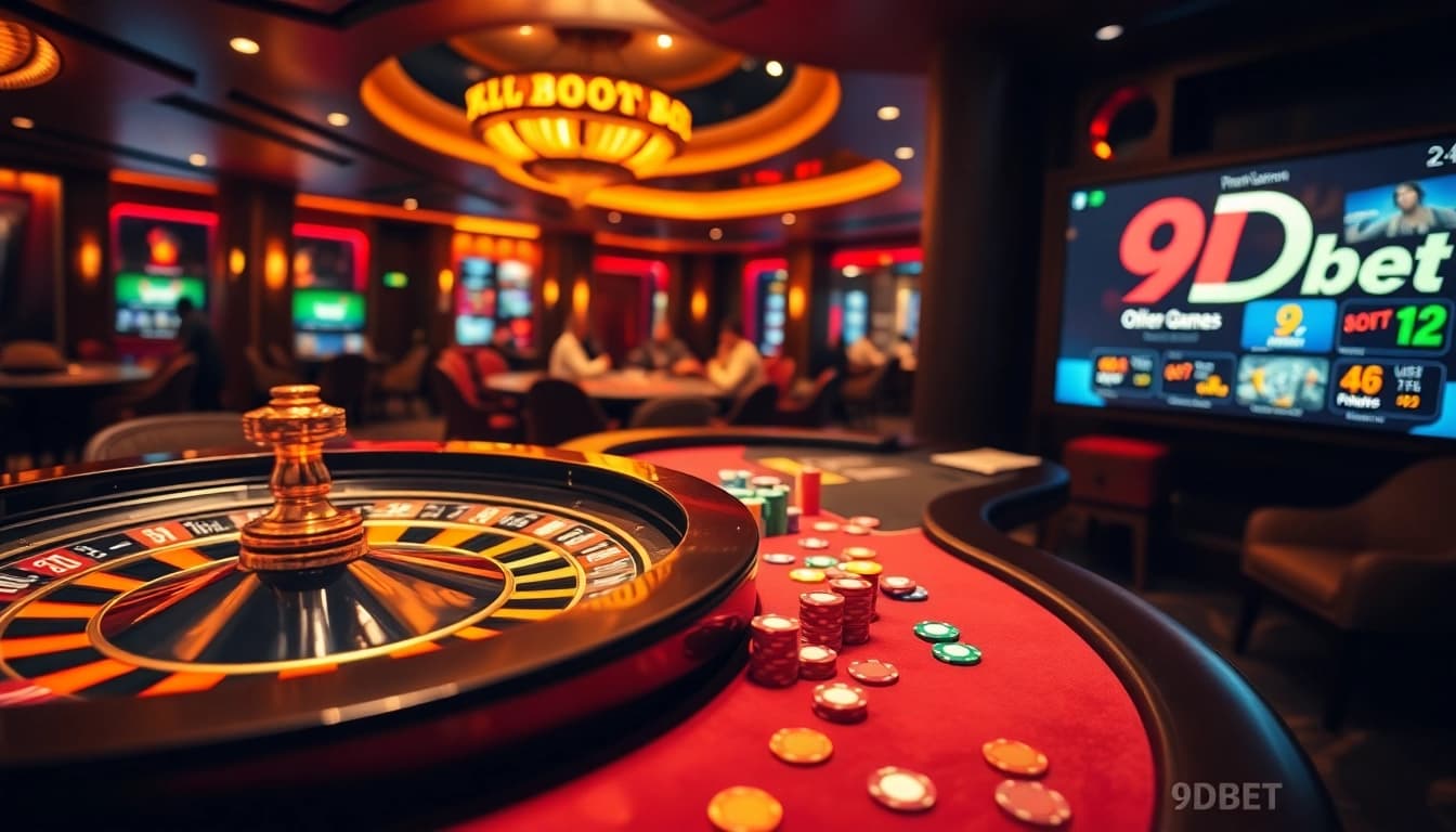 Experience the excitement of 9Dbet with luxurious casino gaming visuals featuring roulette and poker.