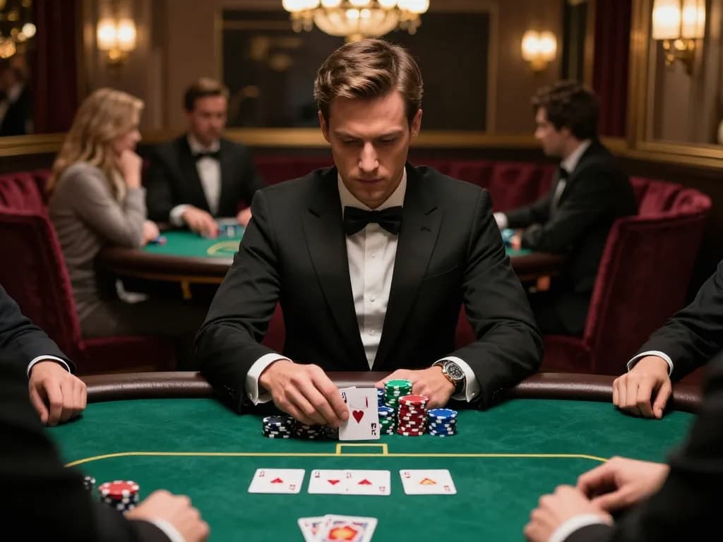 https://s8inc.com/ thrilling poker play at an upscale casino with strategic focus on winning hand