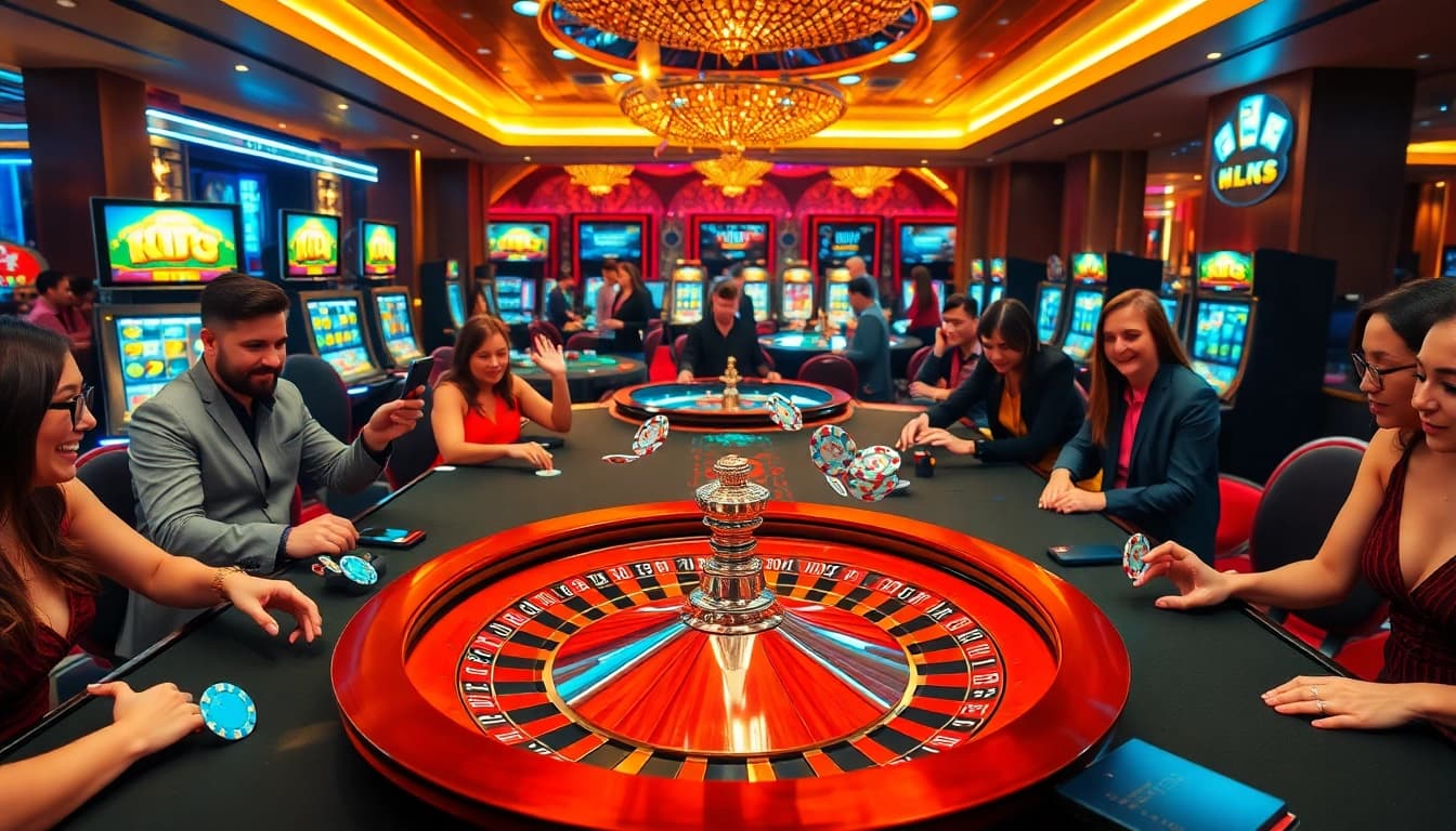 Players celebrating their wins at KJC casino tables, surrounded by vibrant slot machines and decor.