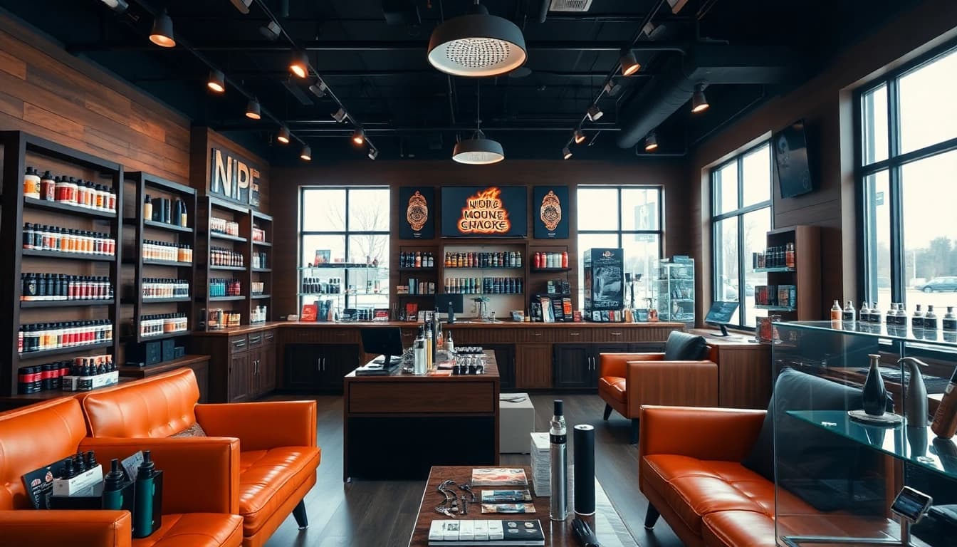 Discover unique offerings at the Smoke Shop in Flower Mound with vibrant vape displays and a welcoming atmosphere.