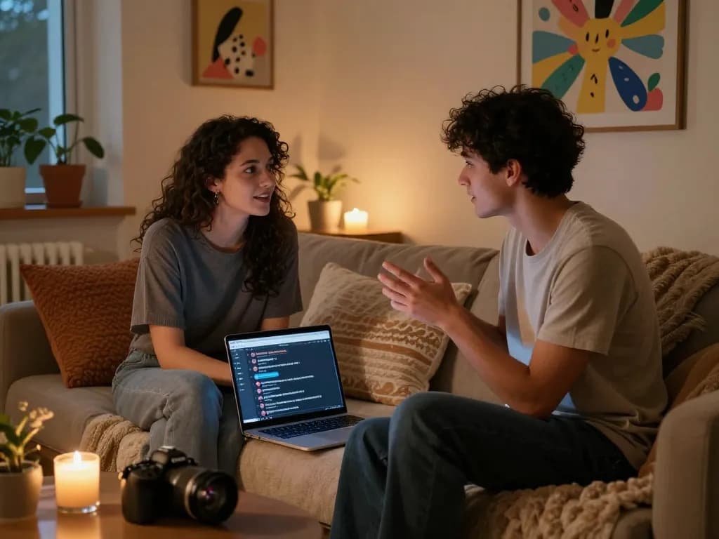 Engaging couple deeply involved in NSFW AI chat, cozy ambiance with intimate lighting.