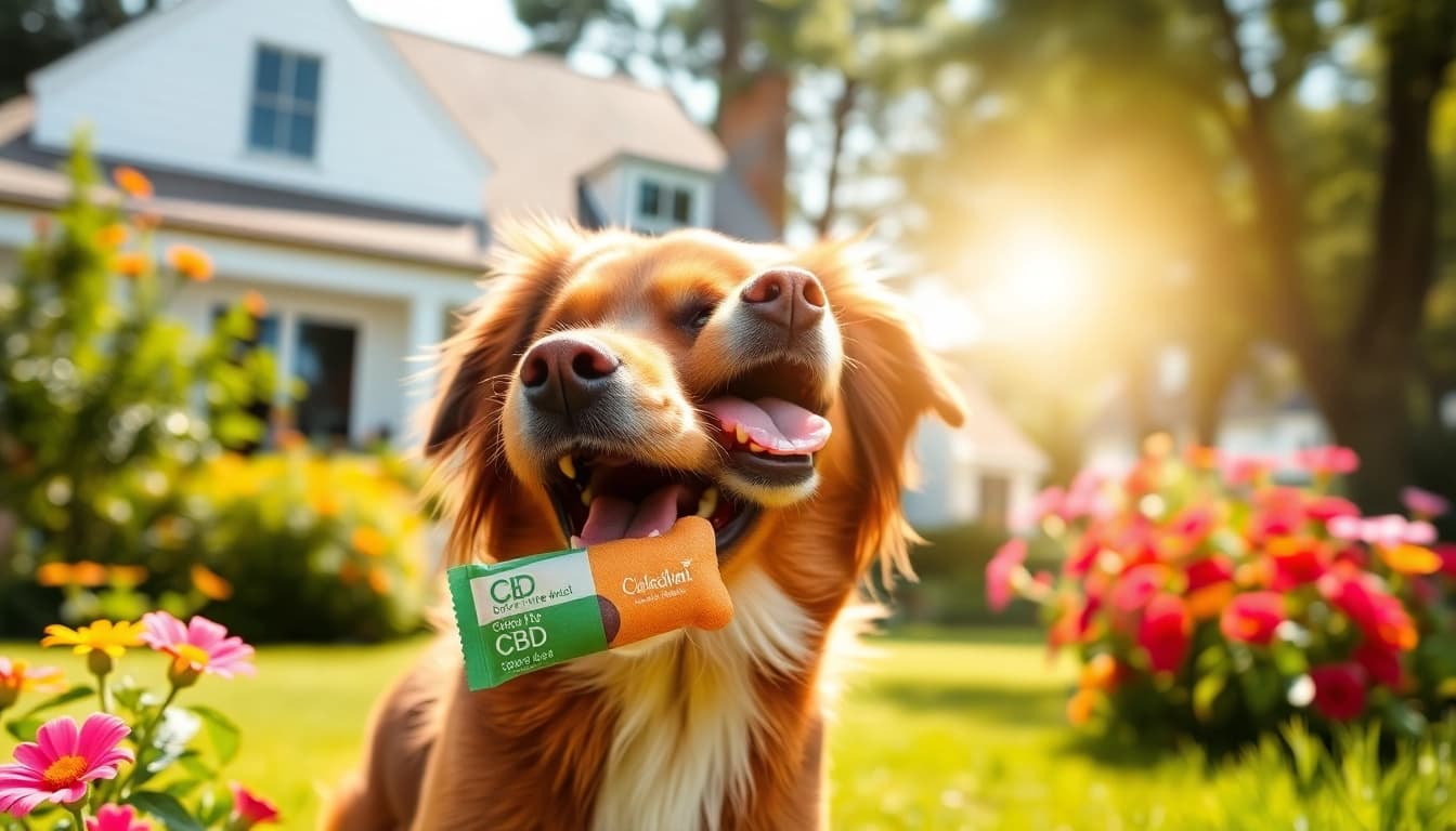 Happy dog enjoying CBD For Pet treat in a sunny garden setting.
