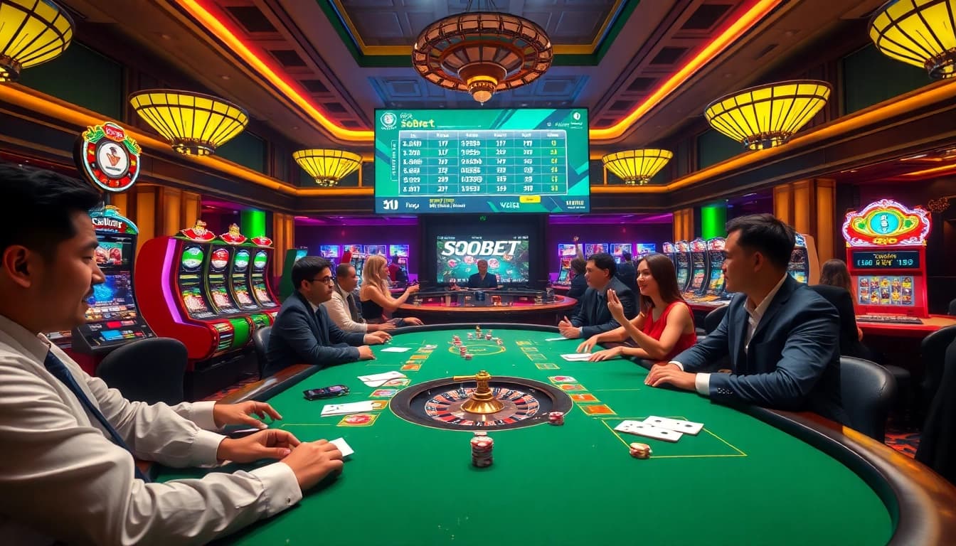 Sbobet online betting scene with players cheering at a vibrant casino table.