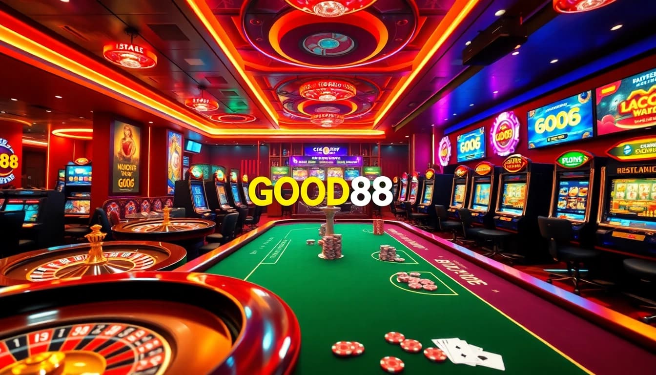 Experience the thrilling atmosphere of GOOD88 casino with vibrant games and professional setups.