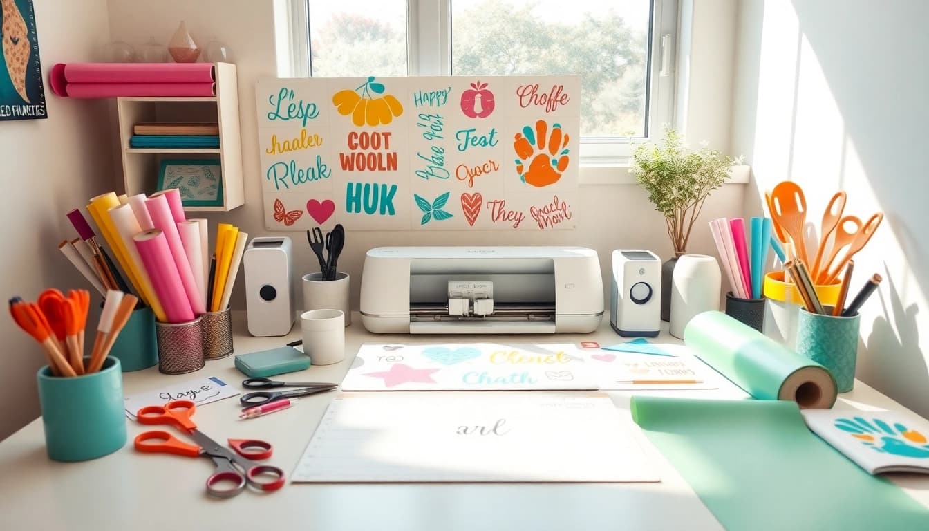 Cricut SVG designs displayed on a crafting workspace with vibrant tools.