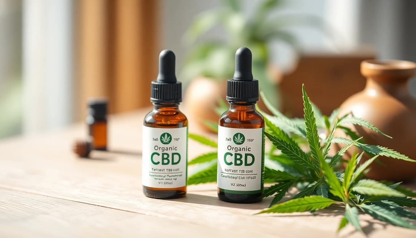 Showcasing Organic CBD oil dropper bottle amid fresh hemp leaves on wooden surface.