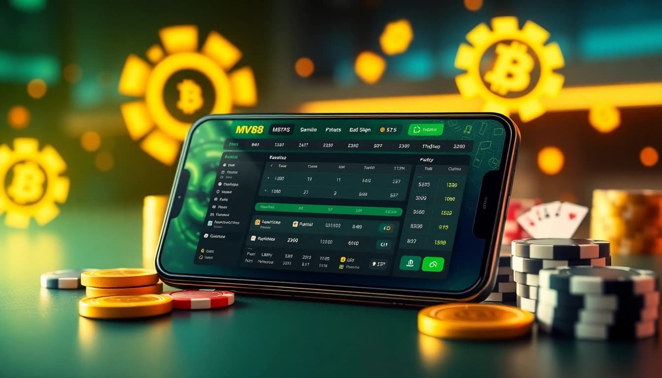 MV88 online betting platform with vibrant user interface and cryptocurrency symbols.
