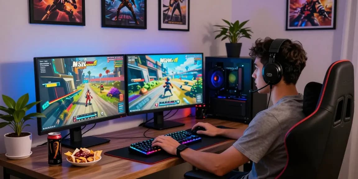 Gamer enjoying porngame on dual monitor setup with vibrant graphics.