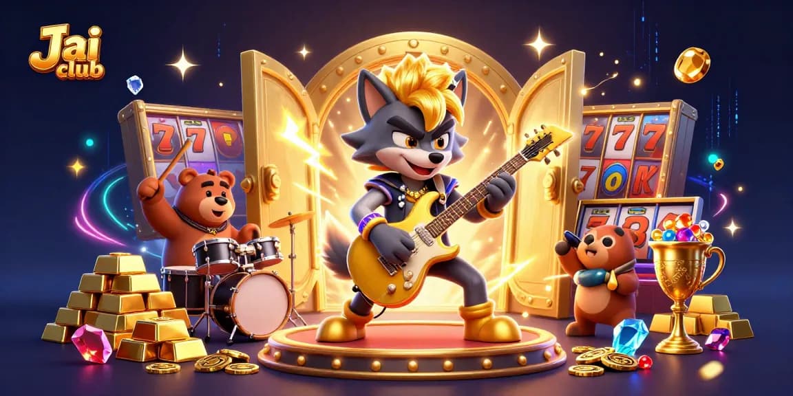 Dynamic scene of gaming fun at Jai club with cartoon characters and dazzling casino elements.